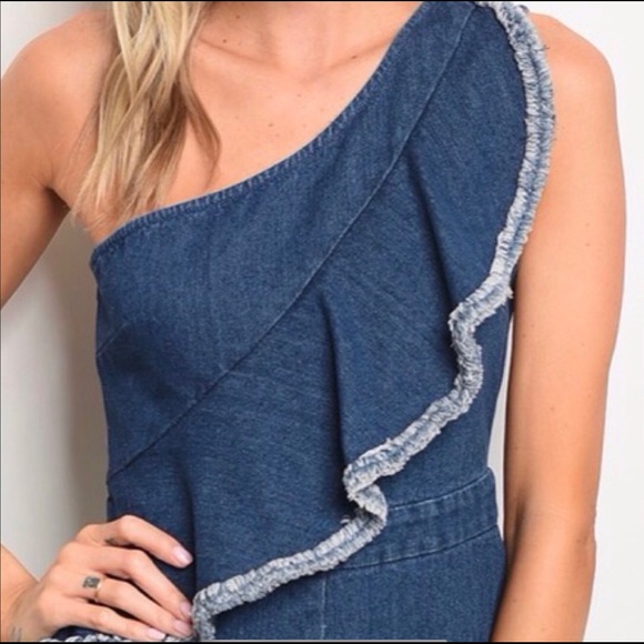 One Shoulder Denim Romper - Picture 2 of 5